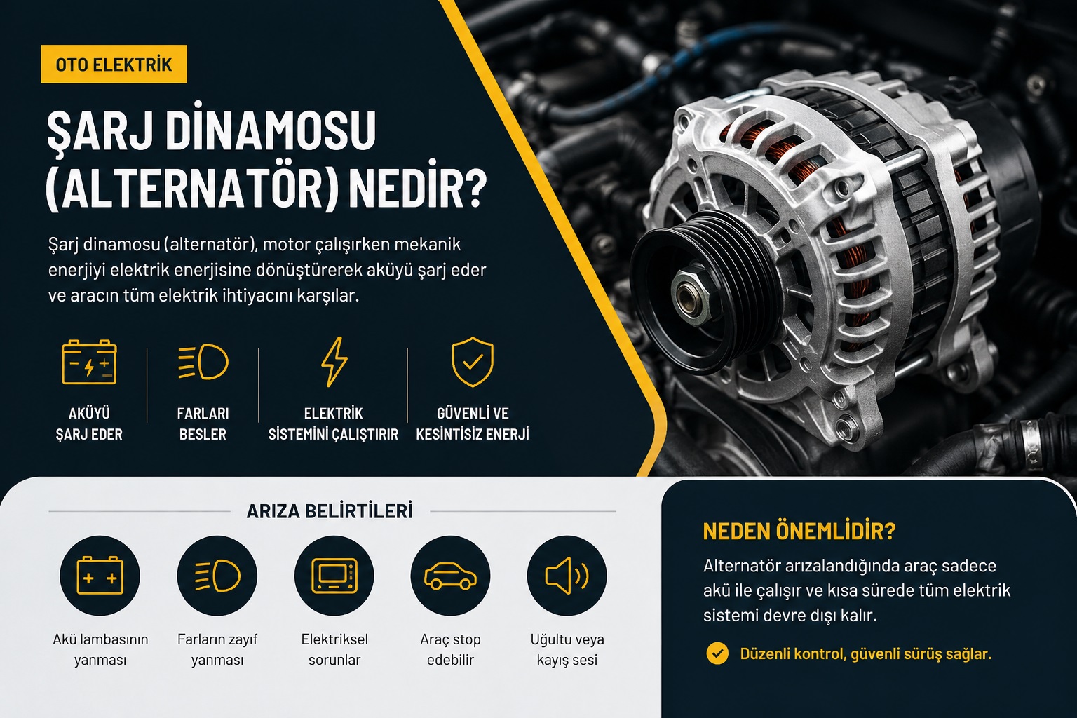 Şarj Dinamosu (Alternatör) Nedir? Arıza Belirtileri ve Değişim Rehberi