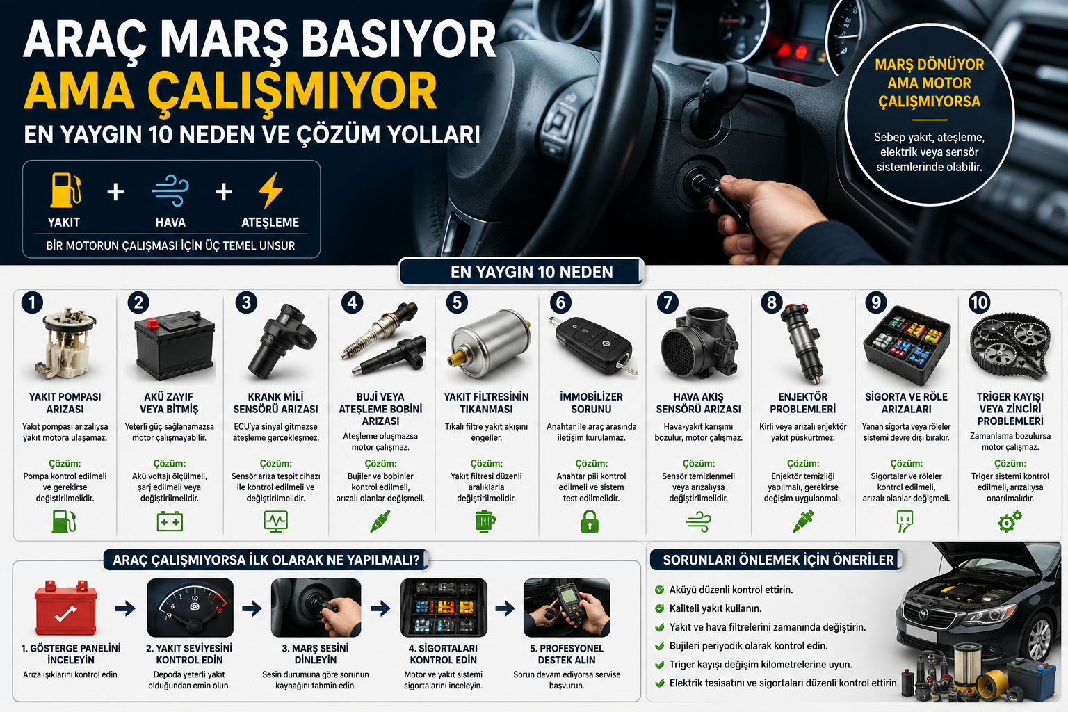 Araç Marş Basıyor Ama Çalışmıyor: En Yaygın 10 Neden ve Kesin Çözüm Yolları